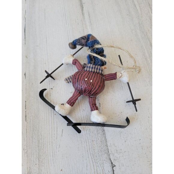 Rustic snowman skier skiing ornament Xmas hat bell - Picture 6 of 8